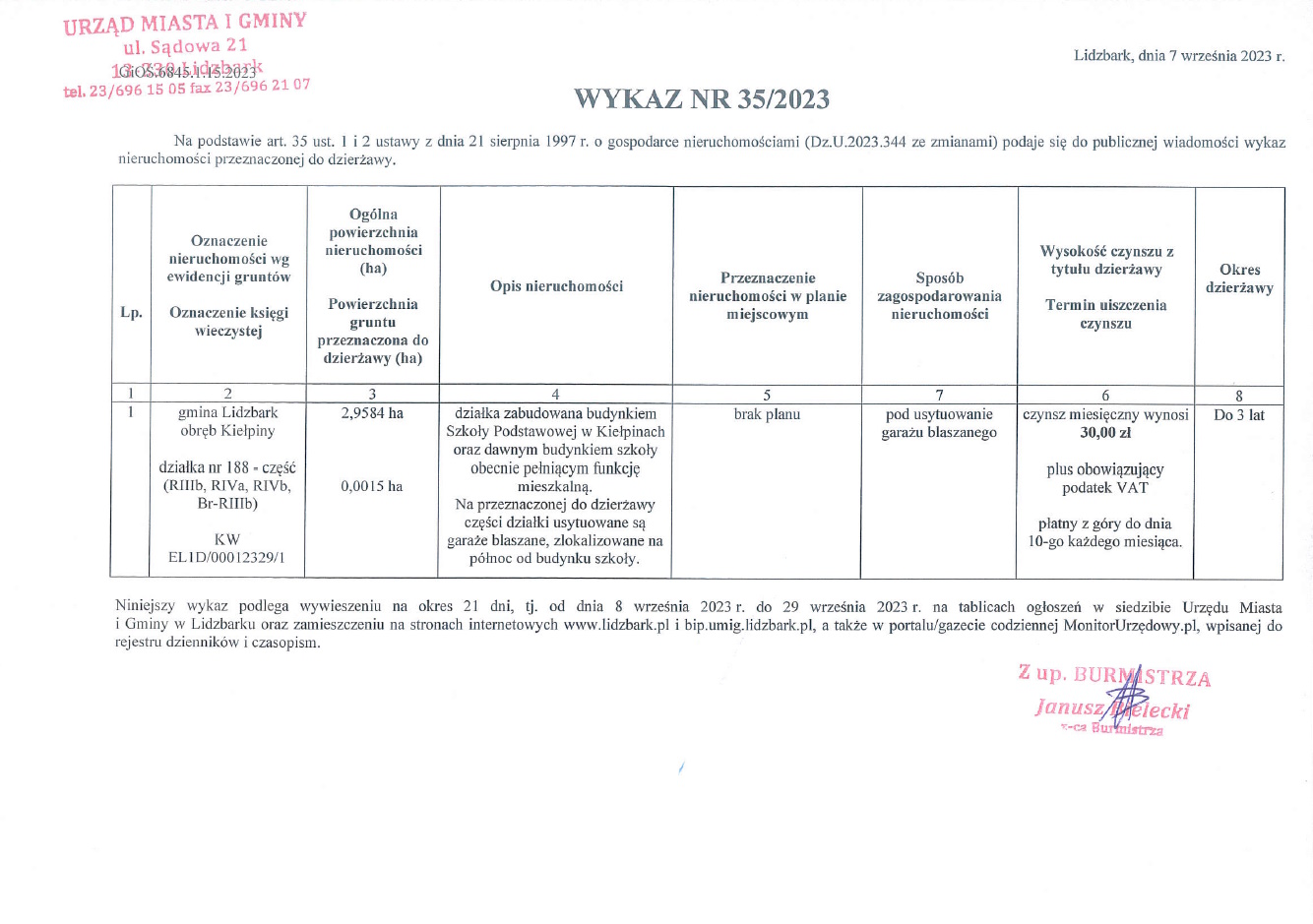 Nieruchomość gruntowa do dzierżawy -  Kiełpiny